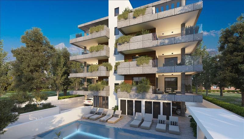 Modern residence with a swimming pool and a parking