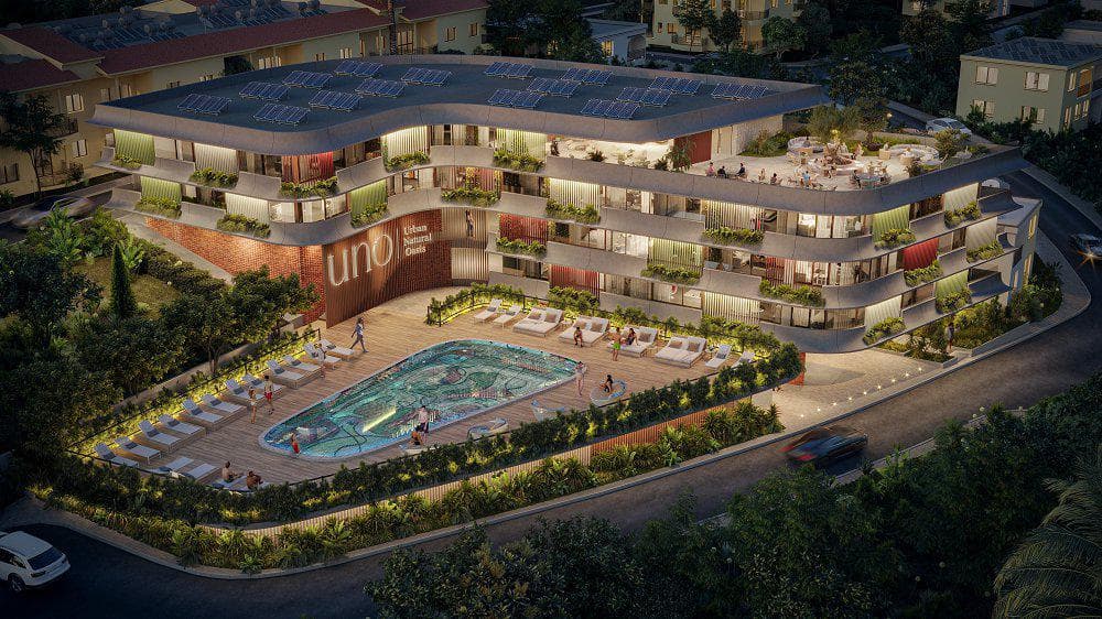 New residence with a swimming pool and a spa close to a beach and a private school