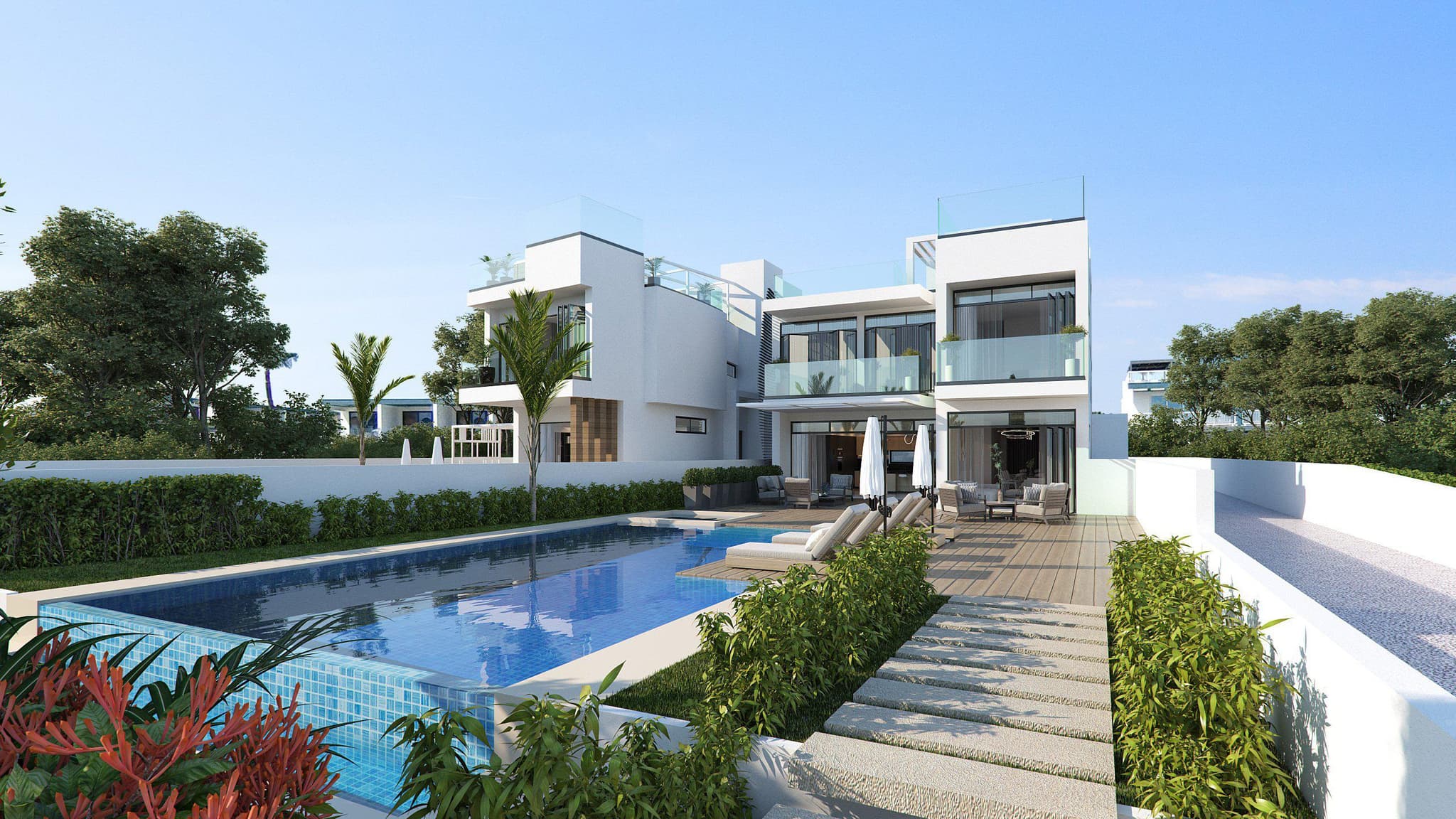 Complex of villas with swimming pools and roof-top gardens, 40 meters from the beach