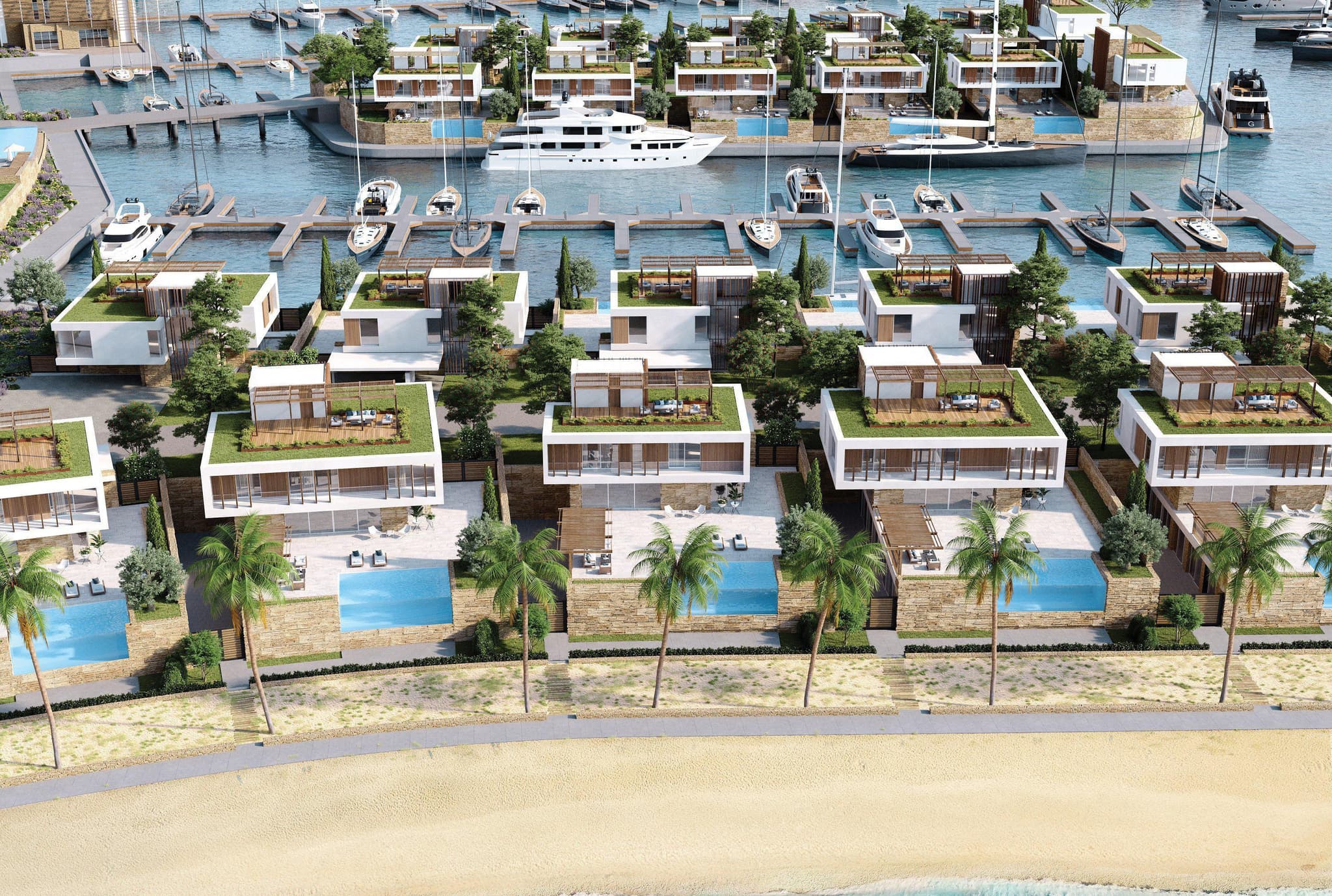 New villas on the beachfront in a residential complex with a port, a shopping area and a sports complex, Ayia Napa, Famagusta
