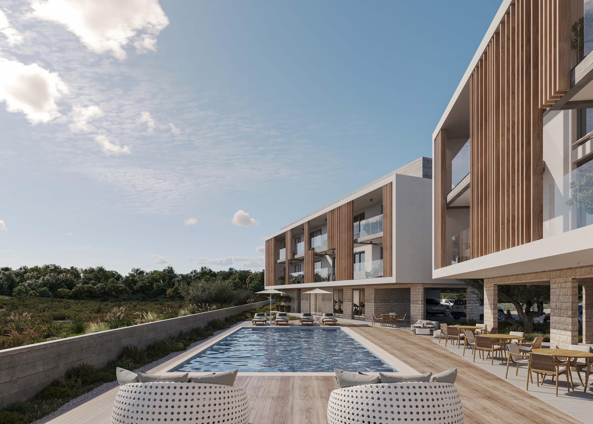 New low-rise residence with a swimming pool and gardens close to the beach and the center of Paphos