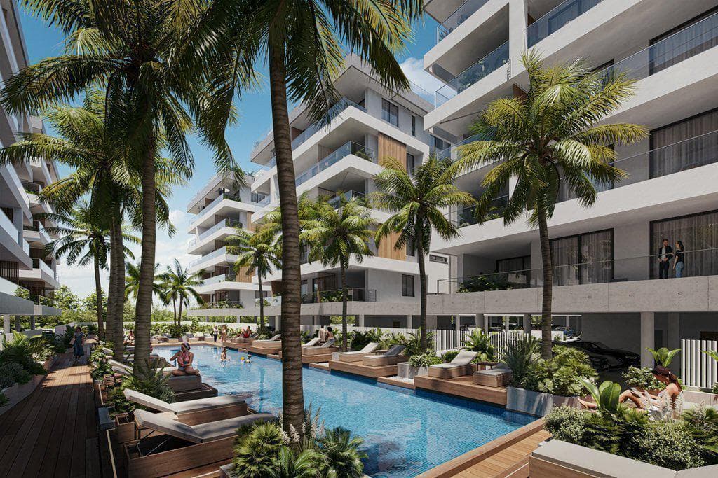 Modern residence with swimming pools and lounge areas at 300 meters from the beach