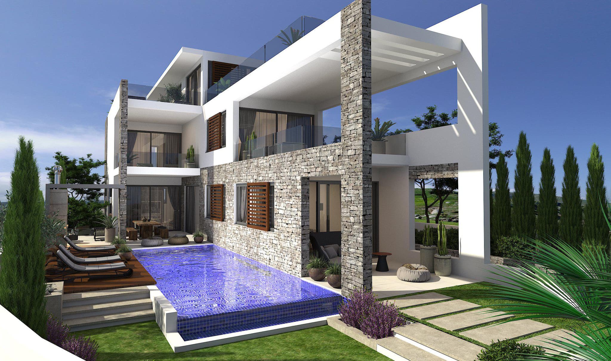 Luxury beachfront villas with swimming pools and roof-top gardens