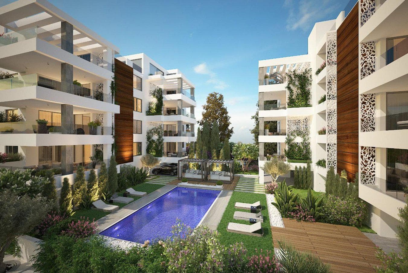 Gated residential complex with a swimming pool and a green area in a prestigious area of Paphos